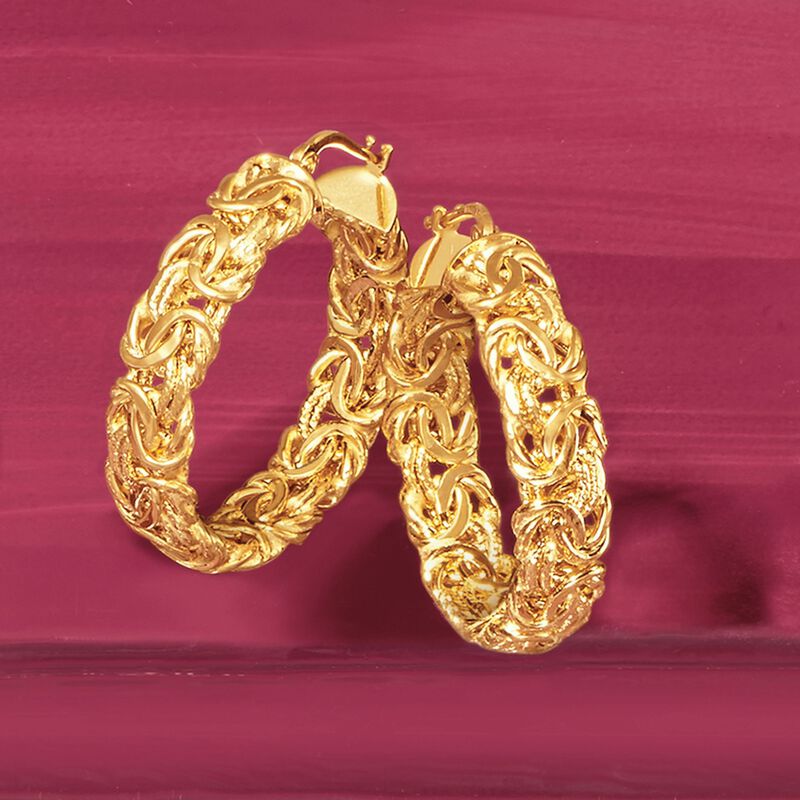 14kt Yellow Gold Byzantine Hoop Earrings. 1 1/4&quot; image number 3