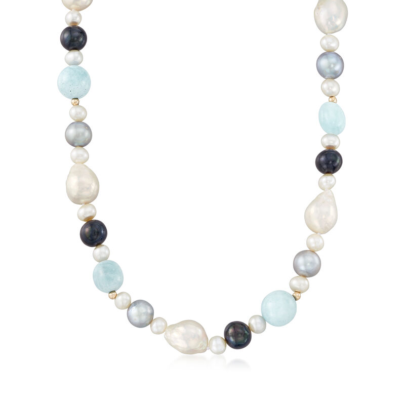 6-12mm Multicolored Cultured Pearl and Milky Aquamarine Bead Necklace with 14kt Yellow Gold image number 0