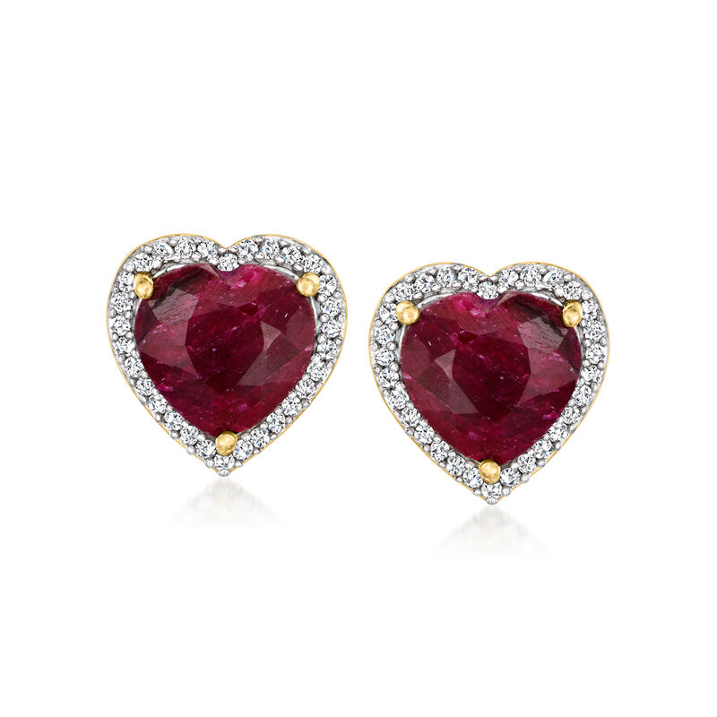 5.50 ct. t.w. Ruby and .23 ct. t.w. Diamond Heart Earrings in 18kt Gold Over Sterling image number 0