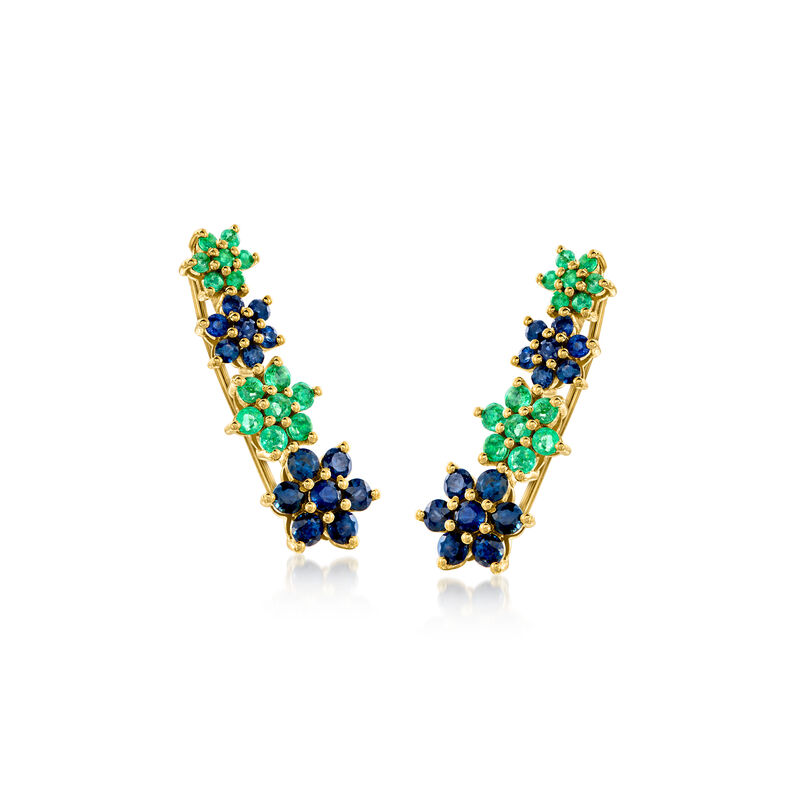 1.40 ct. t.w. Sapphire and .60 ct. t.w. Emerald Floral Ear Climbers in 18kt Gold Over Sterling image number 0