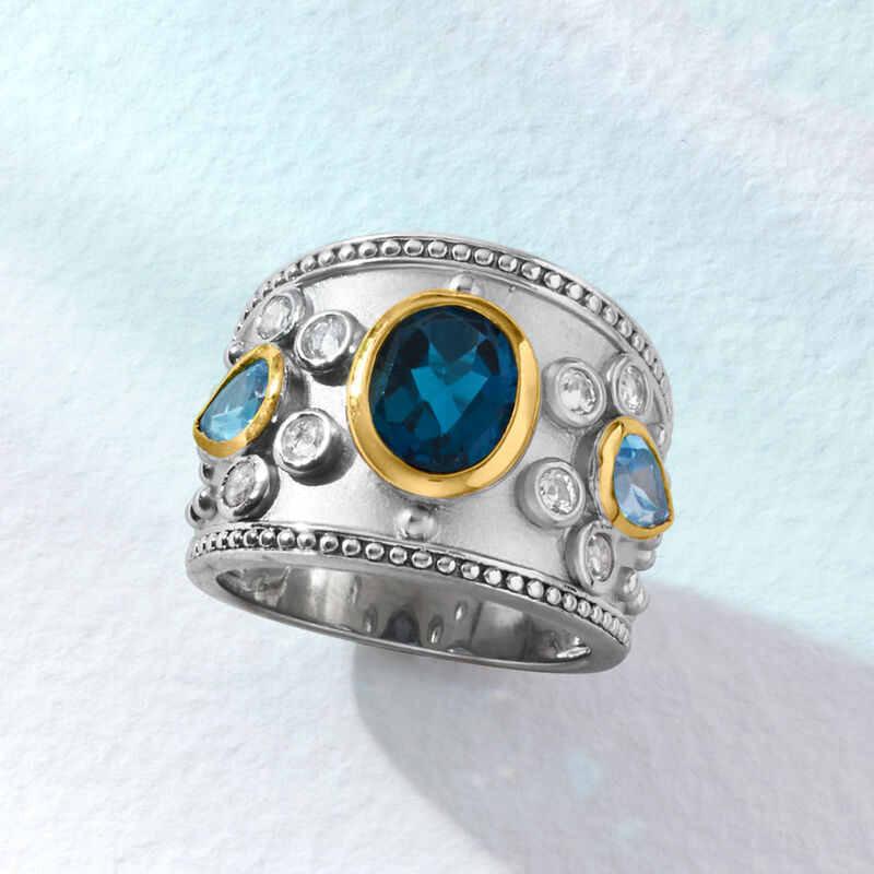 3.70 ct. t.w. London Blue, Swiss Blue and White Topaz Ring in Sterling Silver with 14kt Yellow Gold image number 3