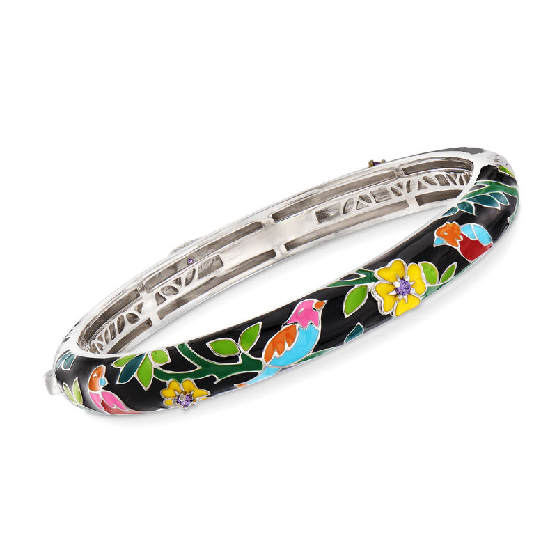 Belle Etoile &quot;Song Bird&quot; Multicolored Enamel Slim Bangle Bracelet with CZs in Sterling Silver. 7&quot; image number 0