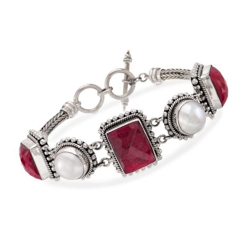 12mm Mabe Pearl and 33.50 ct. t.w. Ruby Bracelet in Sterling Silver. 7&quot; image number 0