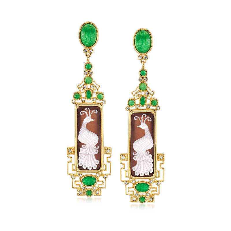 Italian Shell Cameo, 6.60 ct. t.w. Green Quartz and .50 ct. t.w. White Topaz Drop Earrings in 18kt Gold Over Sterling image number 0