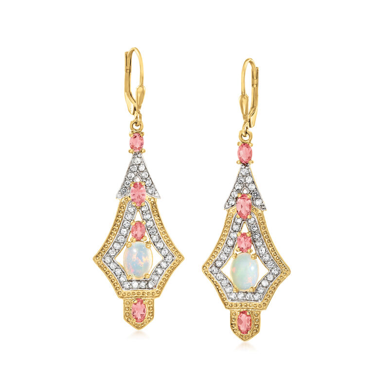 Opal, 1.40 ct. t.w. Pink Tourmaline and 1.40 ct. t.w. White Topaz Drop Earrings in 18kt Gold Over Sterling image number 0
