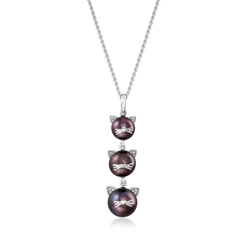 7-9.5mm Black Cultured Pearl Cat Pendant Necklace with Diamond Accents in Sterling Silver image number 0