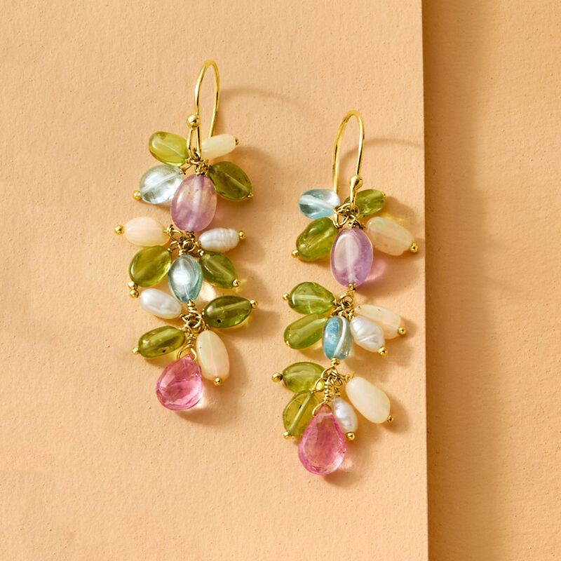 23.50 ct. t.w. Multi-Gemstone Bead Drop Earrings with Opals and 5mm Cultured Pearls in 18kt Gold Over Sterling image number 2