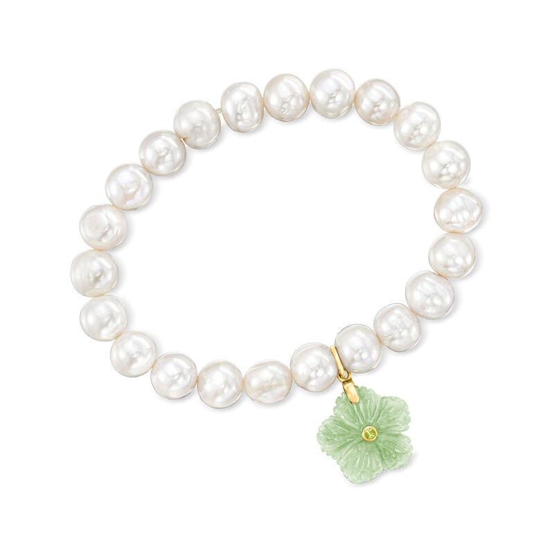 Carved Jade Flower and 9-10mm Cultured Pearl Bracelet with Single Peridot in 18kt Gold Over Sterling. 7&quot; image number 0