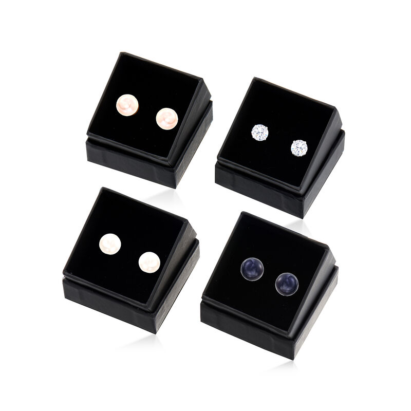 9-9.5mm Multicolored Cultured Pearl and 3.80 ct. t.w. CZ Jewelry Set: Four Pairs of Stud Earrings in Sterling Silver image number 3