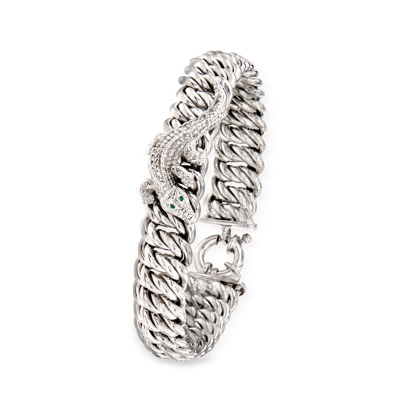 Italian Sterling Silver Alligator Bracelet with Green Enamel image number 2