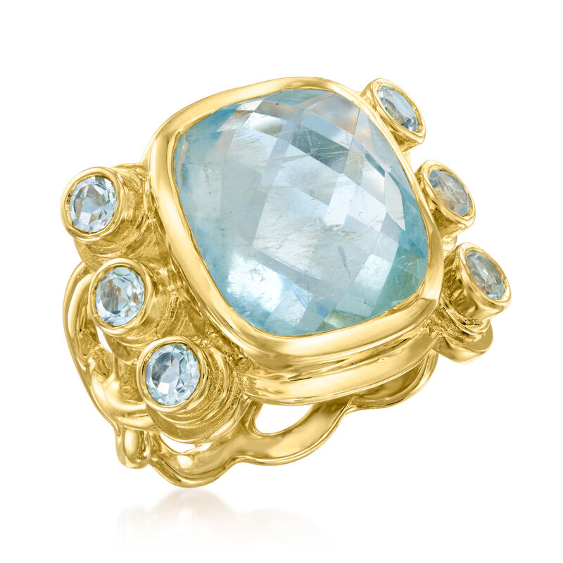 13.00 Carat Aquamarine and .70 ct. t.w. Sky Blue Topaz Ring in 18kt Gold Over Sterling image number 3