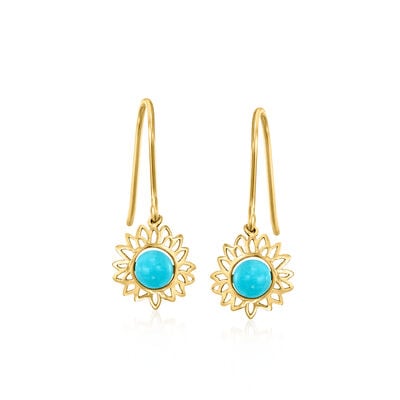 Turquoise Sunflower Drop Earrings in 10kt Yellow Gold