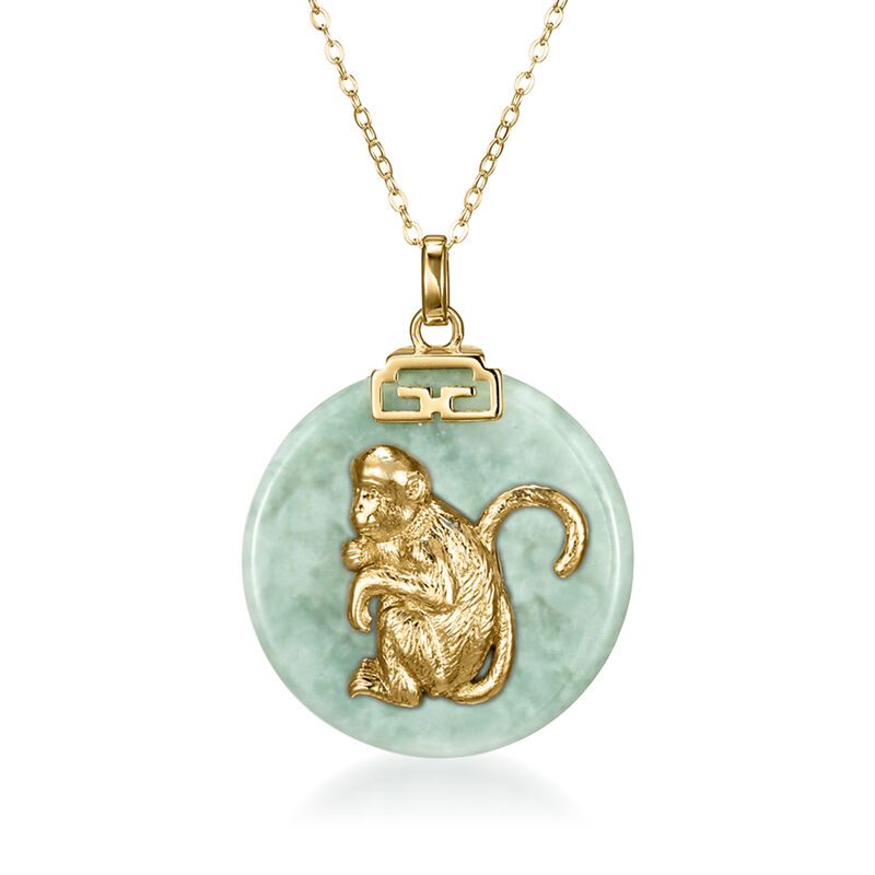 Monkey - Jade Chinese Zodiac Pendant Necklace in 18kt Gold Over Sterling. 18&quot; image number 0