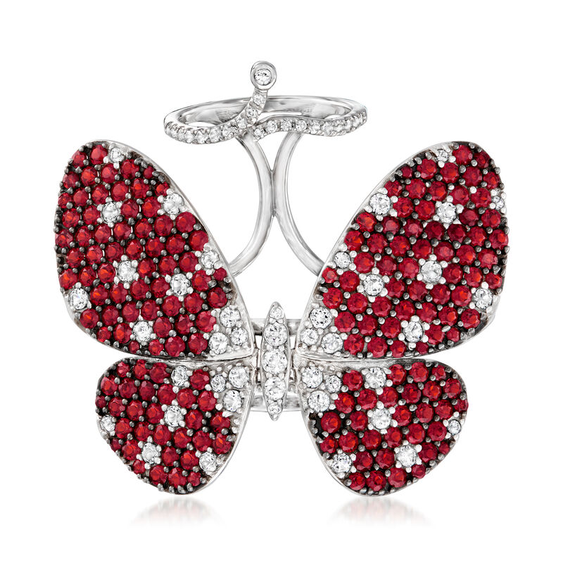 6.25 ct. t.w. Garnet and 1.80 ct. t.w. White Topaz Butterfly Double Ring in Sterling Silver image number 0