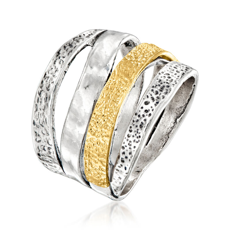 Sterling Silver and 18kt Gold Over Sterling Textured and Polished Multi-Row Ring image number 2