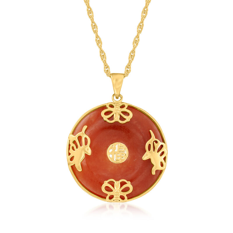 Red Jade &quot;Good Fortune&quot; Butterfly Pendant Necklace in 18kt Gold Over Sterling. 18&quot; image number 1
