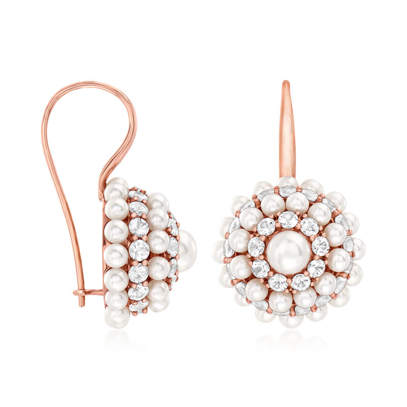 C. 1990 Vintage Mimi Milano 3.5-5.5mm Cultured Pearl and 6.50 ct. t.w. White Sapphire Cluster Earrings in 18kt Rose Gold image number 2
