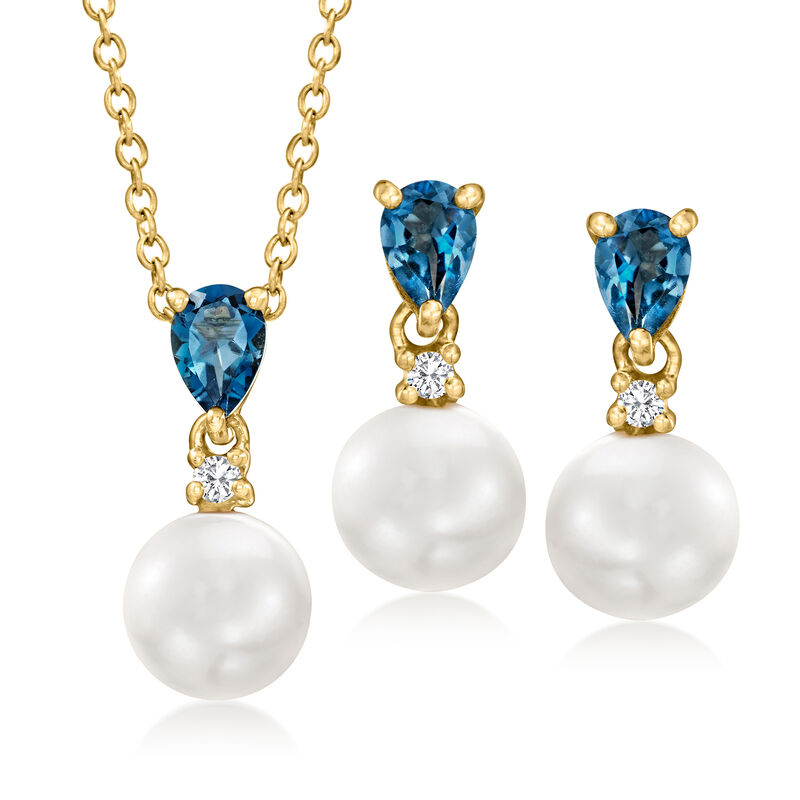 8mm Cultured Pearl, 1.30 ct. t.w. London Blue Topaz and .10 ct. t.w. White Zircon Jewelry Set: Drop Earrings and Pendant Necklace in 18kt Gold Over Sterling image number 0