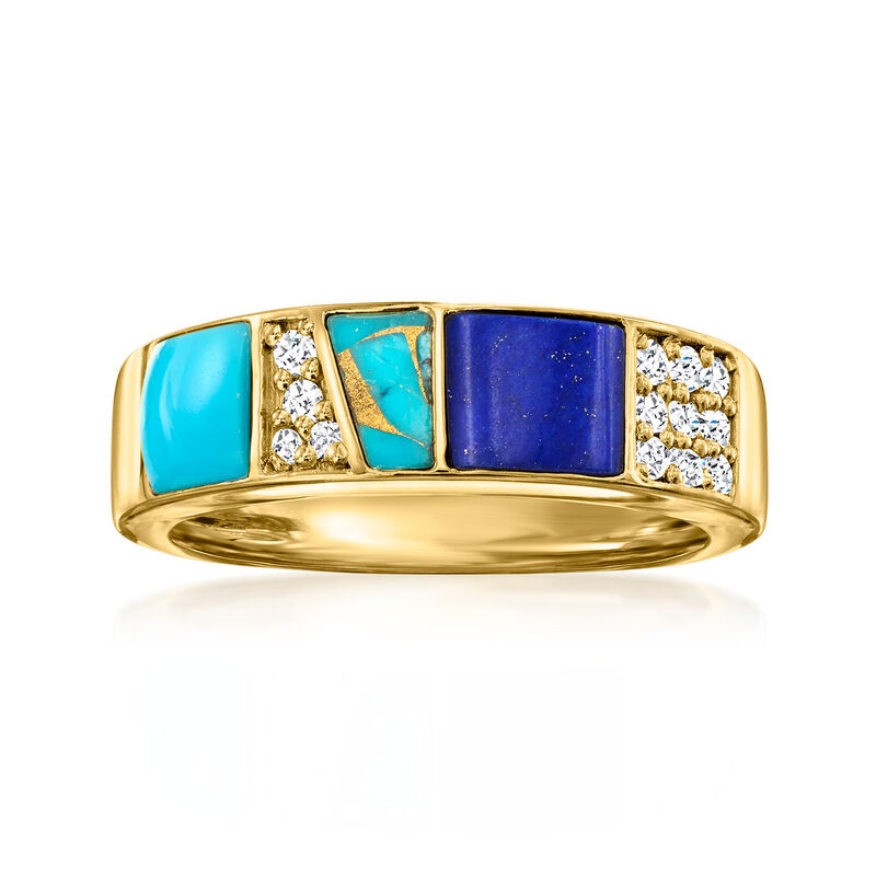 Turquoise, Lapis and .20 ct. t.w. White Topaz Ring in 18kt Gold Over Sterling image number 0