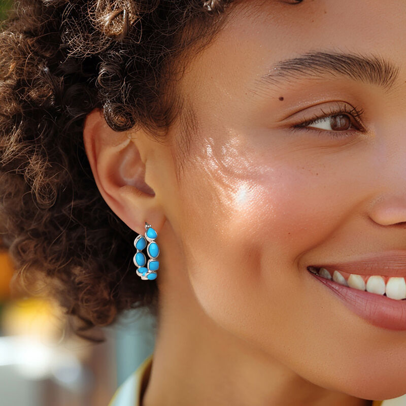Turquoise Inside-Outside Hoop Earrings in Sterling Silver. 1" image number 1