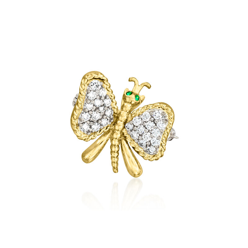 C. 1990 Vintage .95 ct. t.w. Diamond Butterfly Pin/Pendant with Emeralds in 18kt Yellow Gold  image number 3