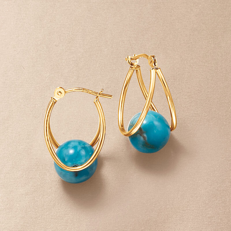Turquoise Double-Hoop Earrings in 14kt Yellow Gold. 3/4&quot; image number 2