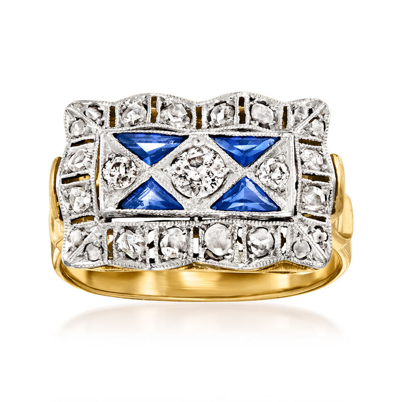 C. 1920 Vintage .80 ct. t.w. Synthetic Sapphire and .45 ct. t.w. Diamond Filigree Ring in Platinum and 18kt Yellow Gold. Size 7 image number 0