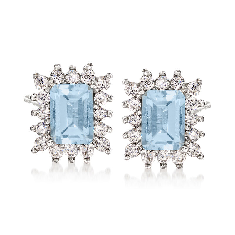 2.20 ct. t.w. Aquamarine and .80 ct. t.w. White Zircon Stud Earrings in Sterling Silver image number 0