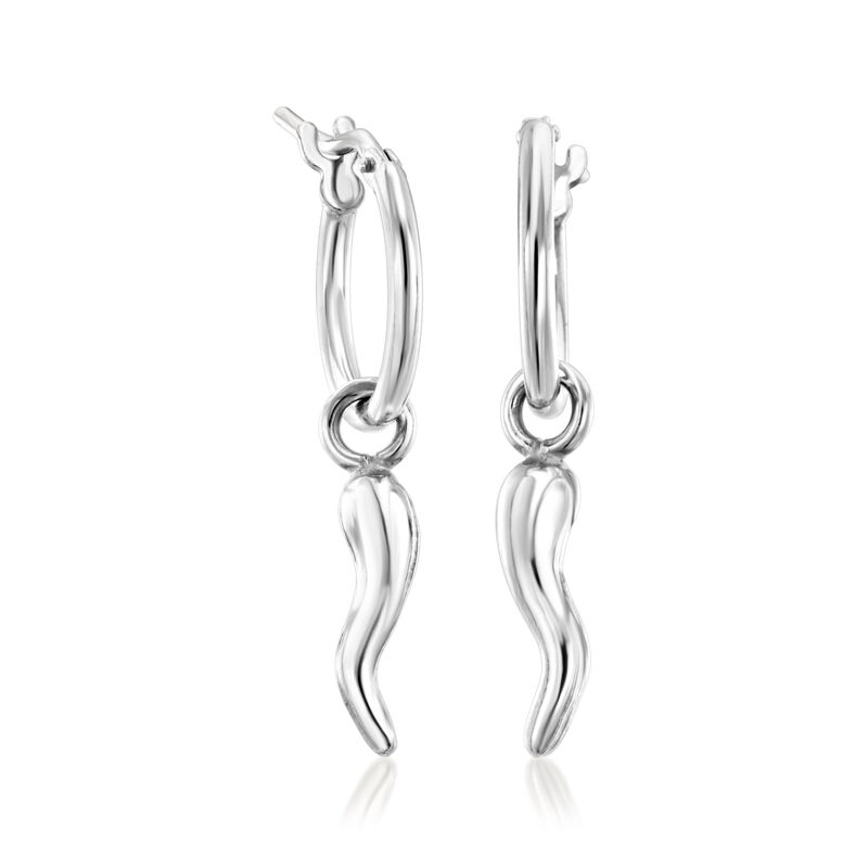 Sterling Silver Jewelry Set: 1.5mm Hoop Earrings with Italian Horn and Replica 500-Lira Coin Charms  image number 5
