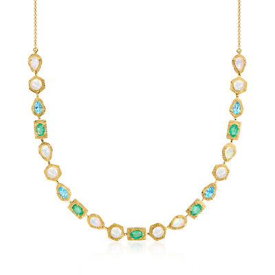 Opal and 4.5-5mm Cultured Pearl Necklace with 2.40 ct. t.w. Emeralds and 2.00 ct. t.w. Swiss Blue Topaz in 18kt Gold Over Sterling