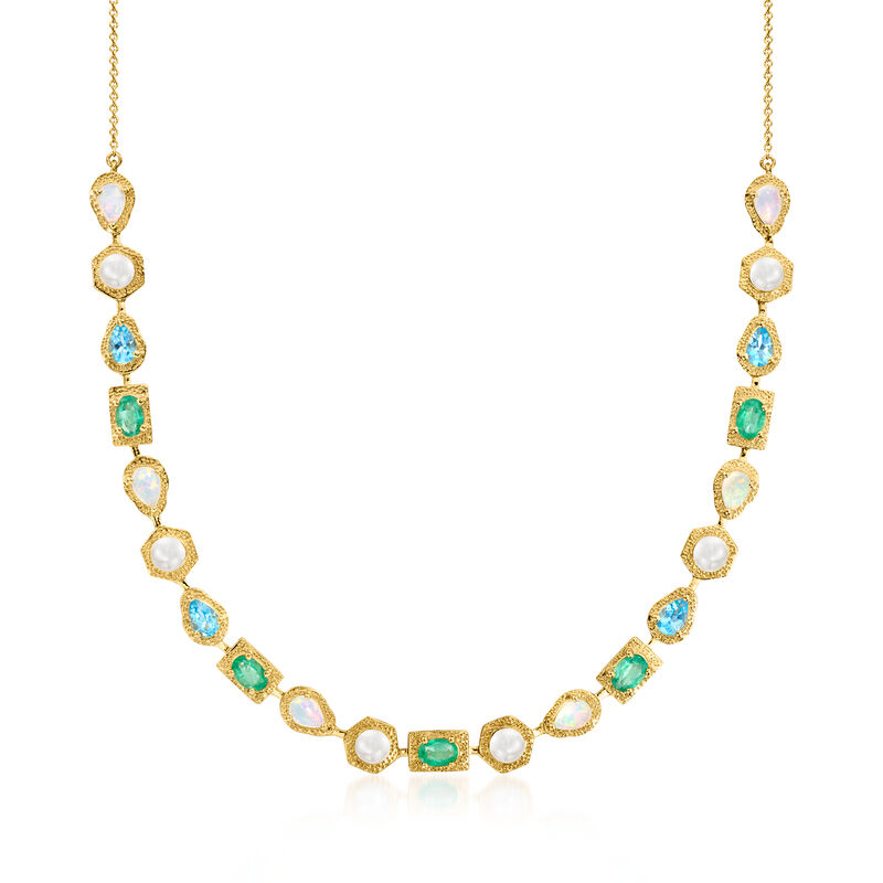Opal and 4.5-5mm Cultured Pearl Necklace with 2.40 ct. t.w. Emeralds and 2.00 ct. t.w. Swiss Blue Topaz in 18kt Gold Over Sterling. 18" image number 1