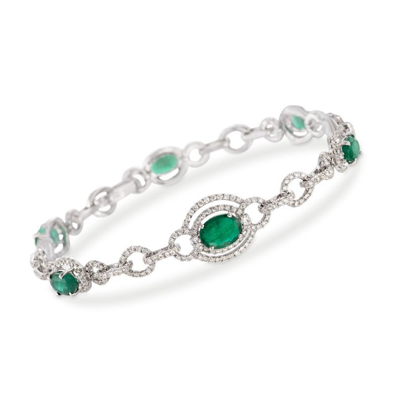 4.70 ct. t.w. Emerald and 2.70 ct. t.w. Diamond Bracelet in 18kt White Gold. 7.75&quot; image number 0