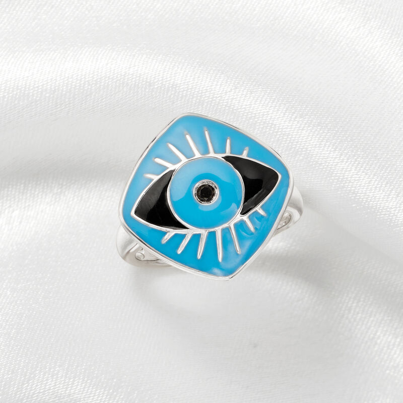 Blue and Black Enamel Evil Eye Ring with Black Diamond Accent in Sterling Silver image number 3
