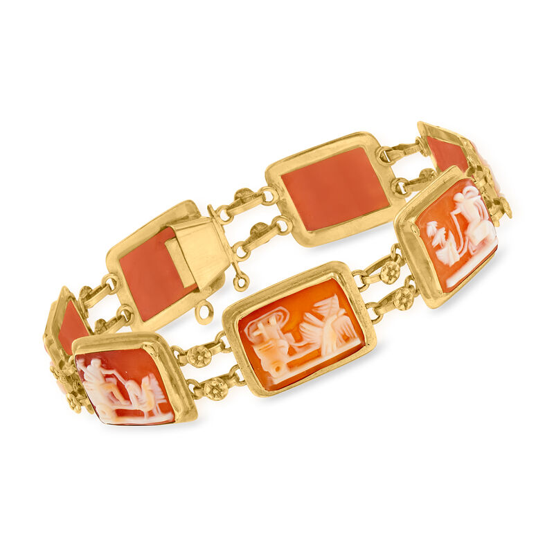 C. 1980 Vintage Orange Shell Chariot Cameo Bracelet in 18kt Yellow Gold image number 0