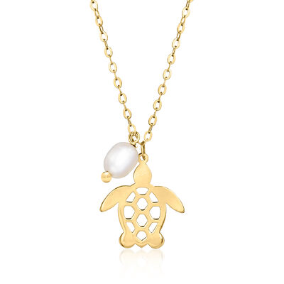 Italian 4-4.5mm Cultured Pearl Turtle Necklace in 10kt Yellow Gold
