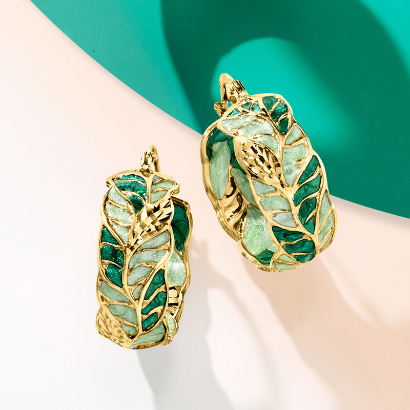 Italian Green Enamel Leaf Vine Hoop Earrings in 14kt Yellow Gold. 7/8&quot; image number 2