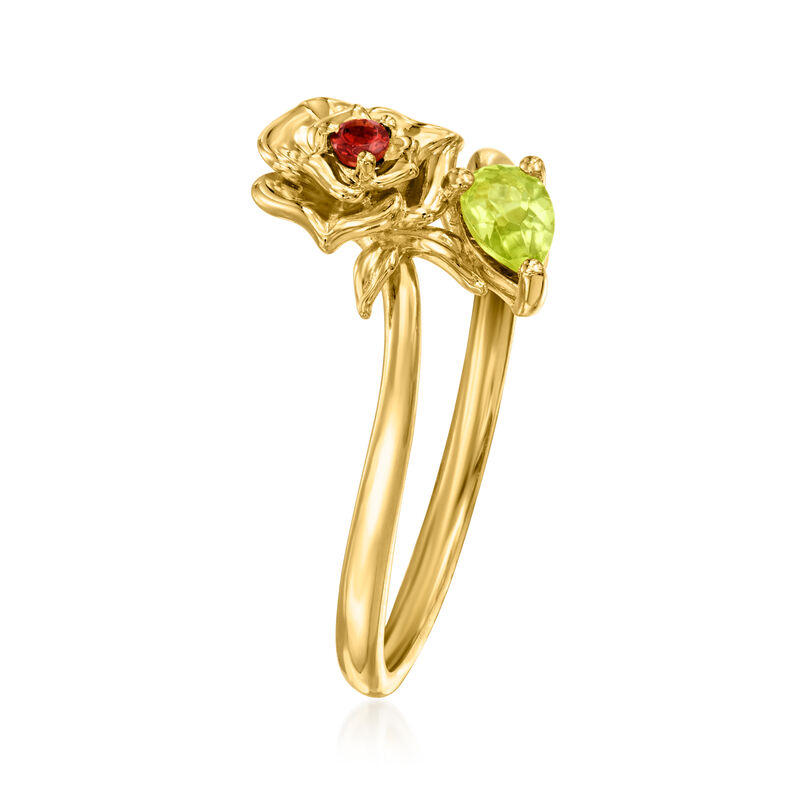 .20 Carat Peridot Flower Bypass Ring with Single Garnet in 18kt Gold Over Sterling image number 2
