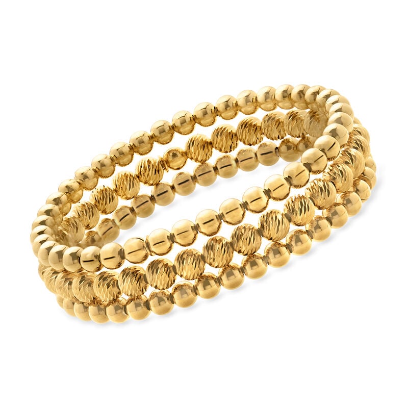 Italian 18kt Gold Over Sterling Jewelry Set: Three 5-6mm Bead Stretch Bracelets. 7" image number 0