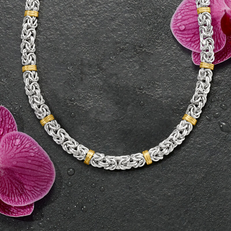 Sterling Silver and 14kt Yellow Gold Byzantine Station Necklace image number 2