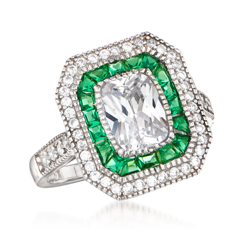 1.75 ct. t.w. CZ and .60 ct. t.w. Simulated Green Spinel Ring in Sterling Silver image number 3