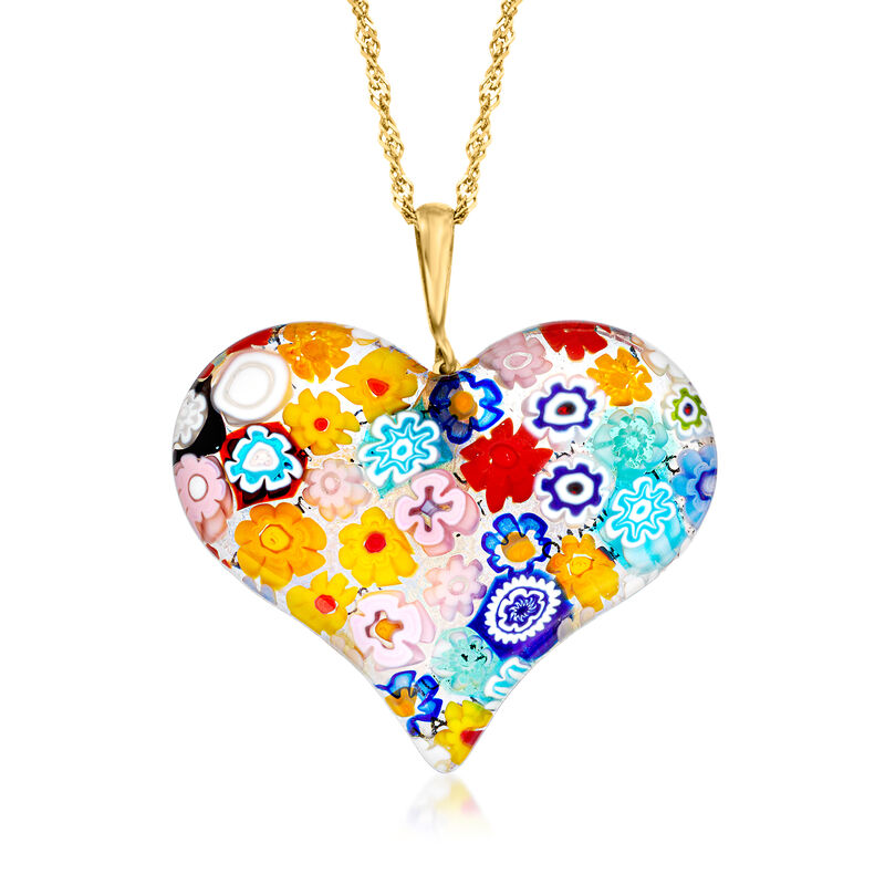 Italian Multicolored Murano Glass Mosaic Heart Pendant Necklace in 18kt Gold Over Sterling image number 0
