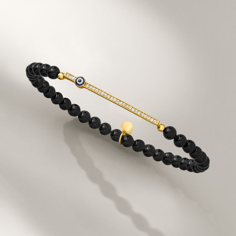 3.8-4.5mm Black Onyx Bead and .10 ct. t.w. CZ Evil Eye Stretch Bracelet in 18kt Gold Over Sterling image number 2
