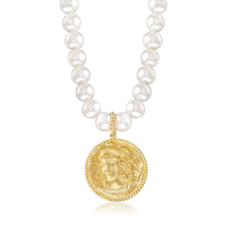 Italian 8-8.5mm Cultured Pearl Medusa Necklace in 18kt Yellow Gold Over Sterling Silver image number 0