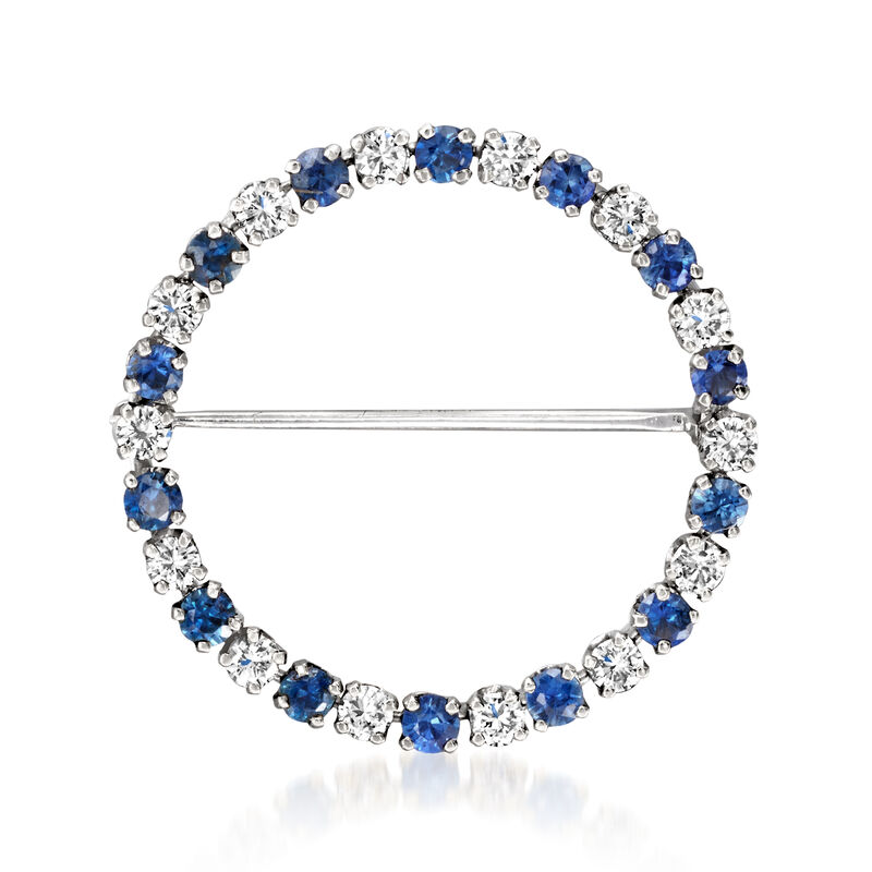 C. 1990 Vintage 1.90 ct. t.w. Sapphire and 1.12 ct. t.w. Diamond Open-Space Circle Pin in 14kt White Gold image number 0