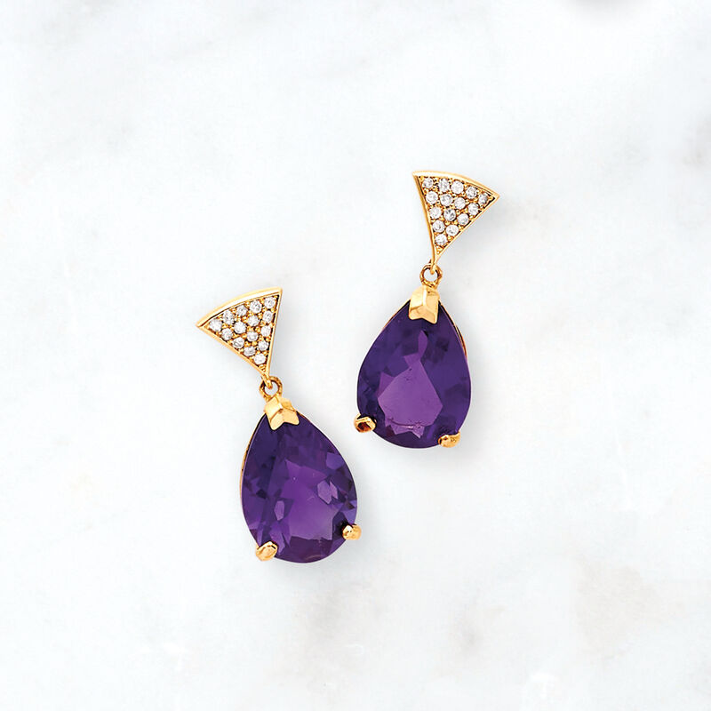 6.50 ct. t.w. Amethyst and .15 ct. t.w. Diamond Drop Earrings in 14kt Yellow Gold image number 2