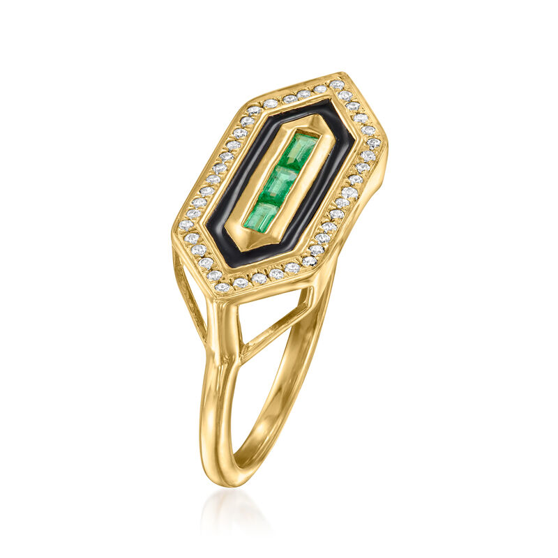 .20 ct. t.w. Emerald and .10 ct. t.w. White Topaz Art Deco-Style Ring with Black Enamel in 18kt Gold Over Sterling image number 2