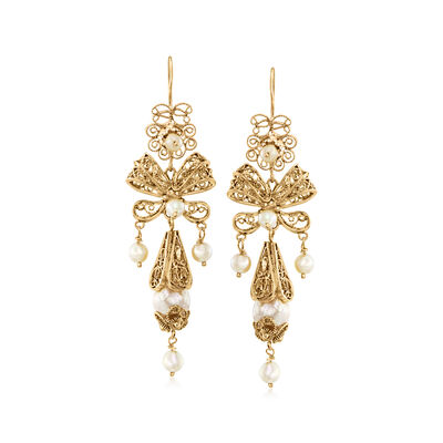 C. 1980 Vintage 4-9mm Cultured Pearl Scroll Drop Earrings in 14kt Yellow Gold