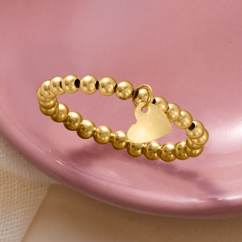 3mm 14kt Yellow Gold Bead Stretch Ring with Heart Charm image number 3
