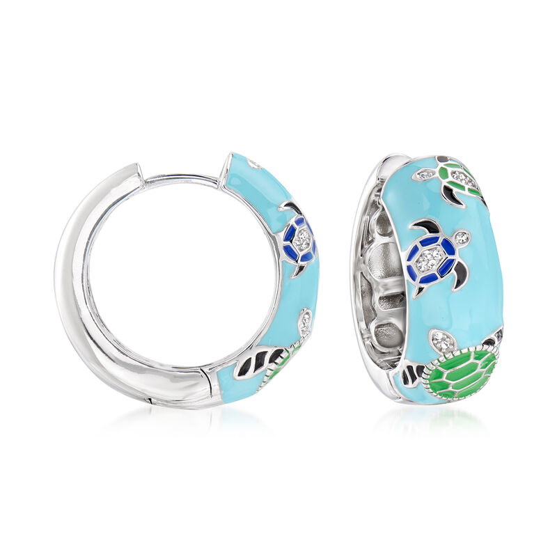 .10 ct. t.w. White Topaz and Multicolored Enamel Turtle Hoop Earrings in Sterling Silver. 7/8&quot; image number 0