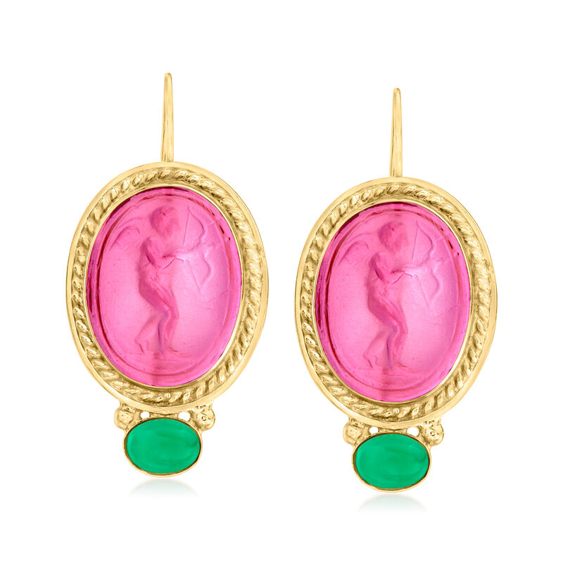 Italian Pink Venetian Glass Cupid Drop Earrings with Green Agate in 18kt Gold Over Sterling image number 0